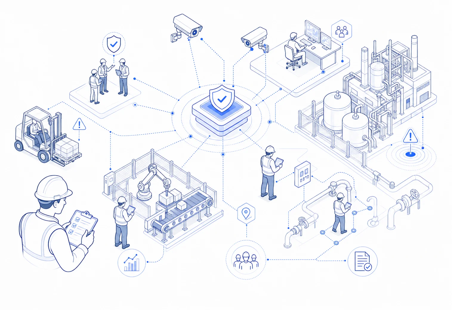 Isometric line-art illustration of safety engineers connecting cameras, workers, and prevention workflows on an industrial site