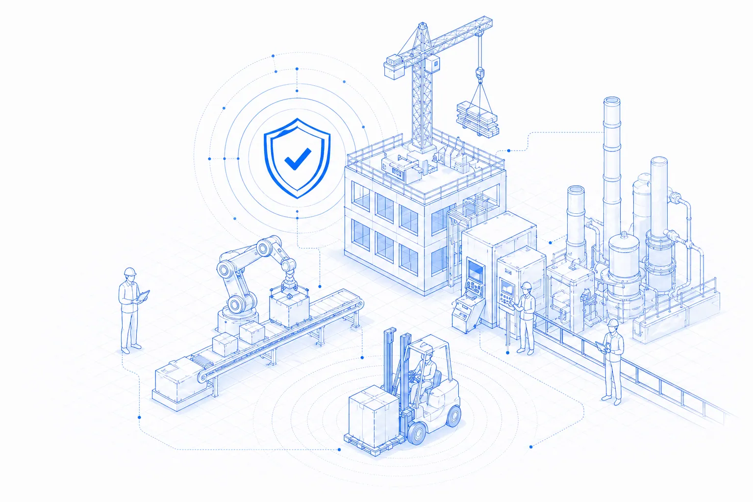 Isometric industrial site monitored by SAFVR safety intelligence