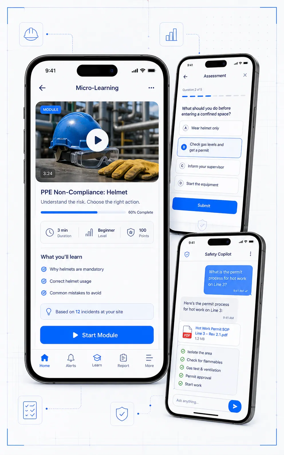 AURA training app mockup showing micro-learning, assessment, and Safety Copilot screens