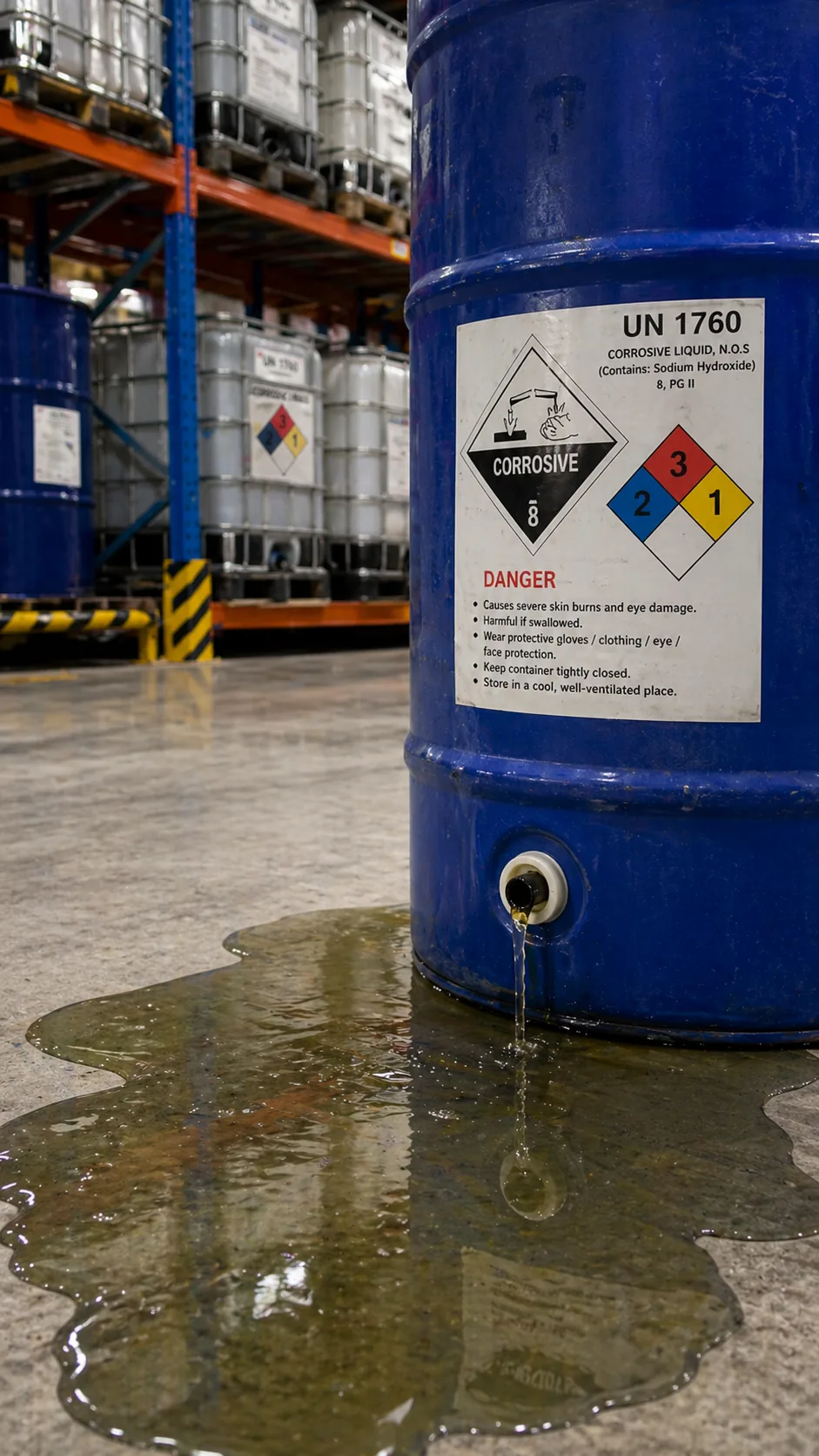 Chemical spill detected in warehouse aisle
