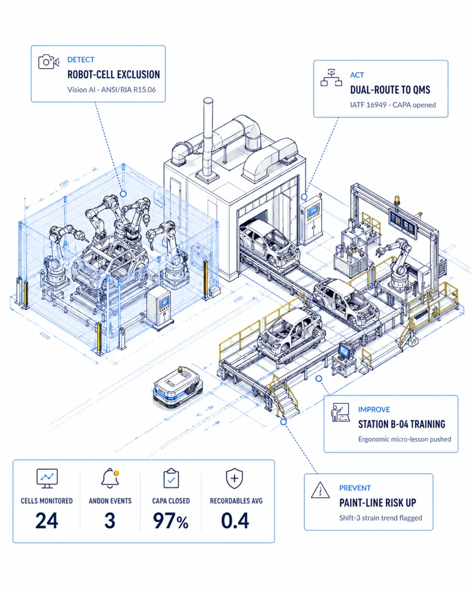Automotive AURA loop illustration with robot-cell, QMS, training, and paint-line risk callouts