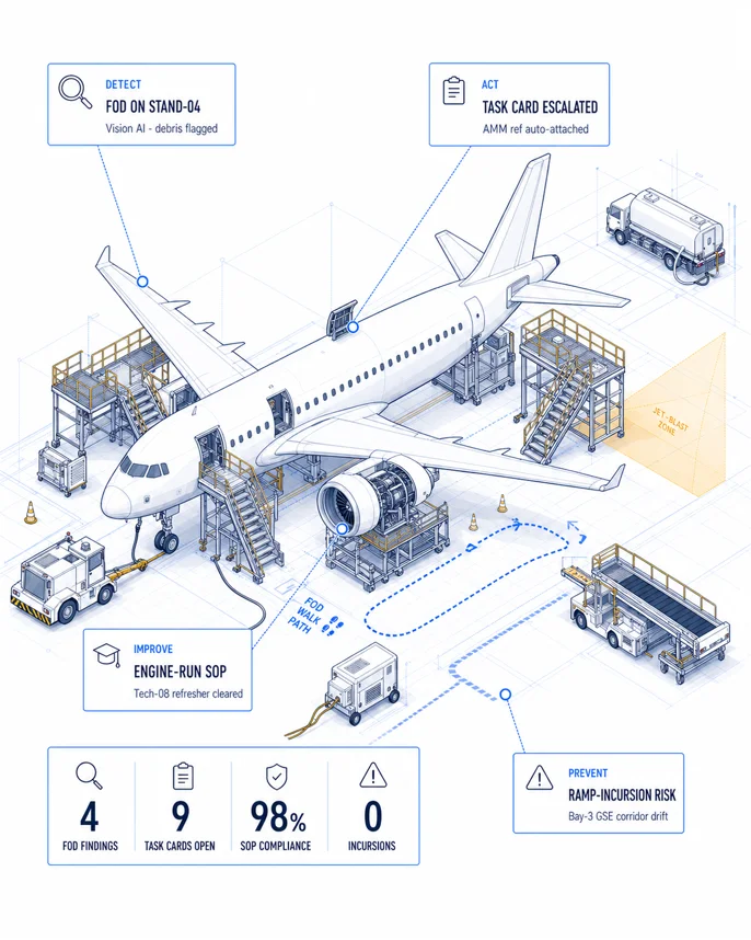 Aviation AURA loop illustration with FOD, task card, engine-run SOP, and ramp-incursion callouts