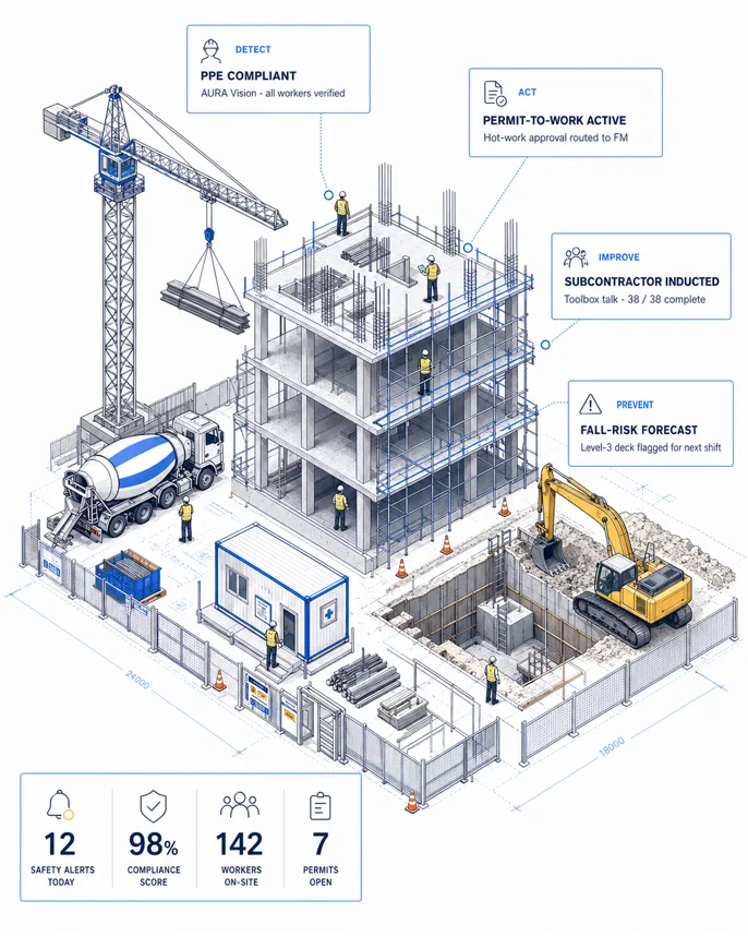 Construction AURA loop illustration with PPE, permit, subcontractor, and fall-risk callouts