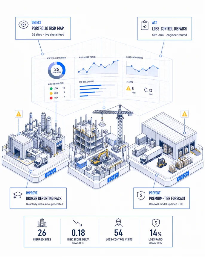 Insurance AURA loop illustration with portfolio risk, dispatch, reporting, and premium forecast callouts