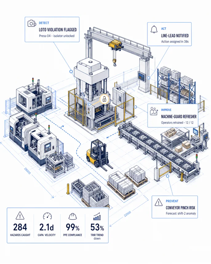Manufacturing AURA loop illustration with LOTO, workflow, training, and predictive risk callouts