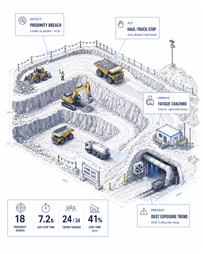 Mining AURA loop illustration with proximity, dispatch, fatigue, and exposure trend callouts