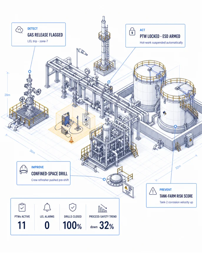 Oil and gas AURA loop illustration with gas-release, permit, drill, and tank-farm risk callouts