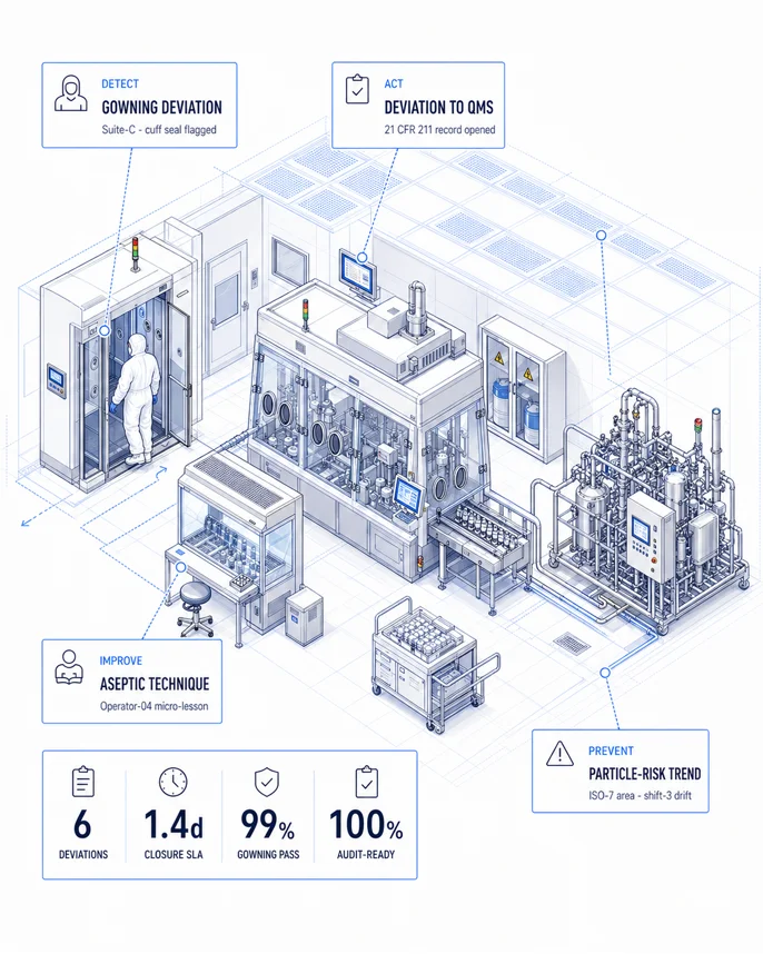 Pharma AURA loop illustration with gowning, QMS, aseptic training, and particle-risk callouts