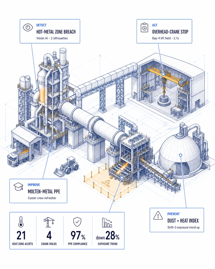 Steel and cement AURA loop illustration with hot-metal, crane stop, PPE, and exposure callouts