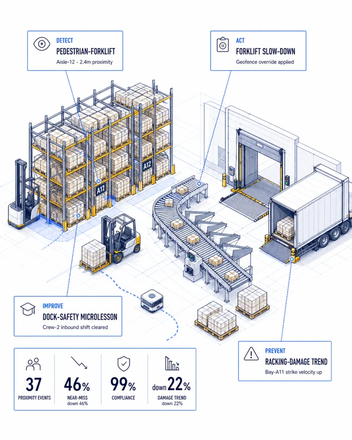 Warehousing AURA loop illustration with forklift proximity, slowdown, dock training, and racking trend callouts