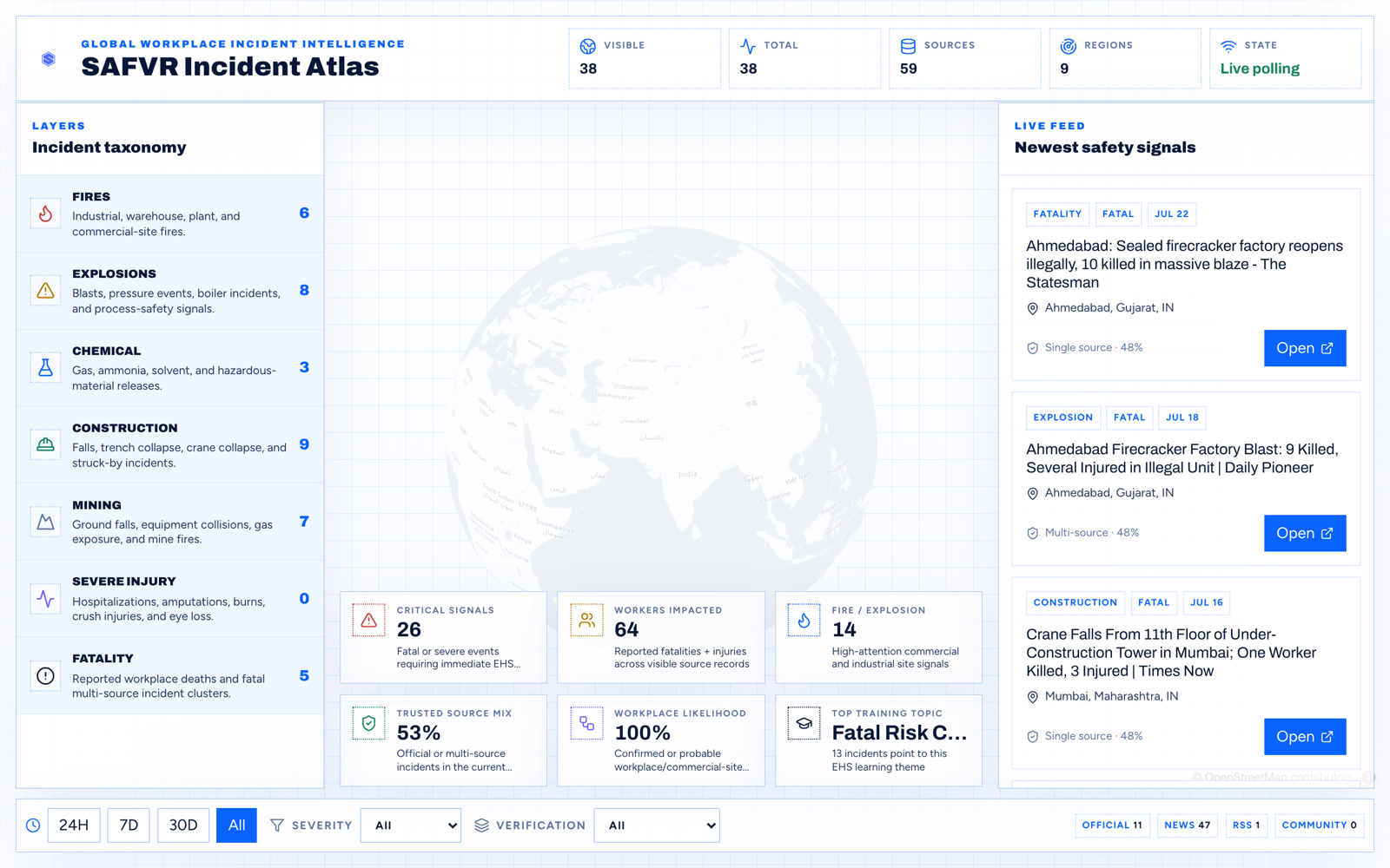 SAFVR Incident Atlas showing a global incident map, summary figures and a live safety feed.