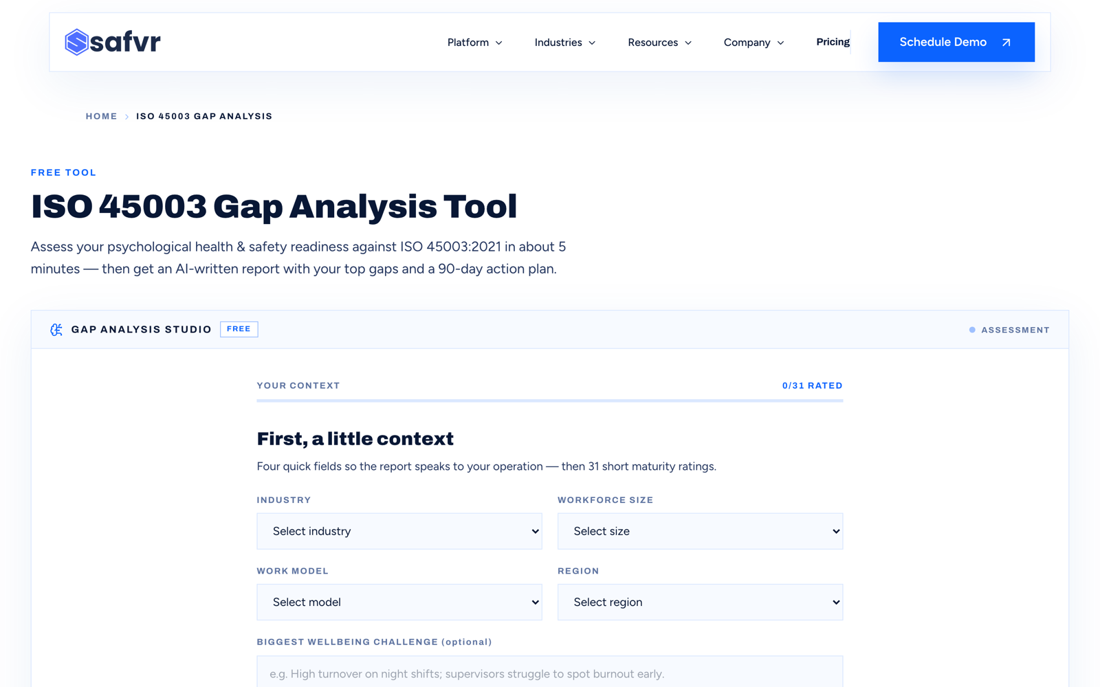 ISO 45003 Gap Analysis with organisation details and maturity assessment progress.